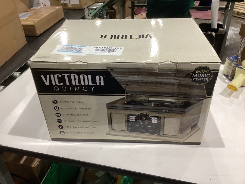 Condition photo showing Good Condition for Victrola The Quincy 6-in-1 Bluetooth Record Player & Multimedia Center with Built-in Speakers – 3-Speed Turntable, CD & Cassette Player, AM/FM Radio, Wireless Music Streaming (Farmhouse Shiplap Grey) Farmhouse Shiplap Grey Record Player