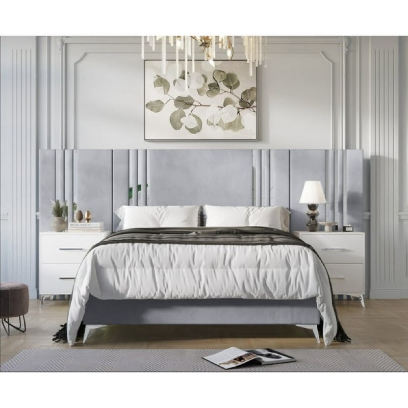 (incomplete box 2/2)Home Design Laytec King Luxurious Velvet Upholstered Platform Bed For Adult, Silver Gray, Easy Assembly