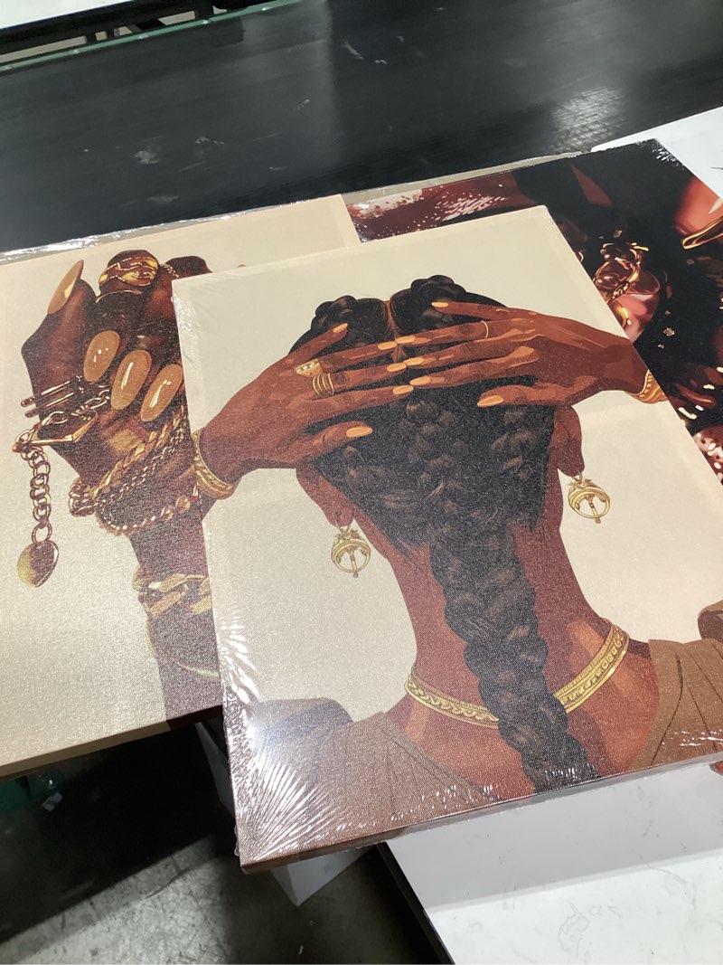 Condition photo showing New/Like New for 3 pcs african american woman canvas wall art fashion afrocentric black girl grill melanin paintings pictures wall decor poster print artwork for living room bedroom home decoration (canvas, 16x24in) 16x24in canvas