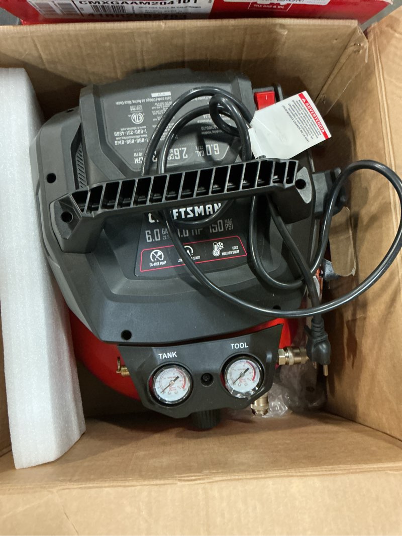 Condition photo showing As Is for craftsman 6-gallon portable electric 150 psi pancake air compressor