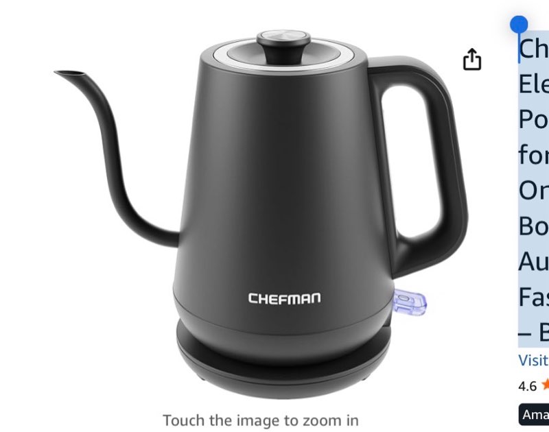 chefman gooseneck electric kettle, 0.8l pour over tea kettle for coffee and tea, one-touch operation, boil-dry protection, auto shut-off, ultra-fast hot water boiler – black
