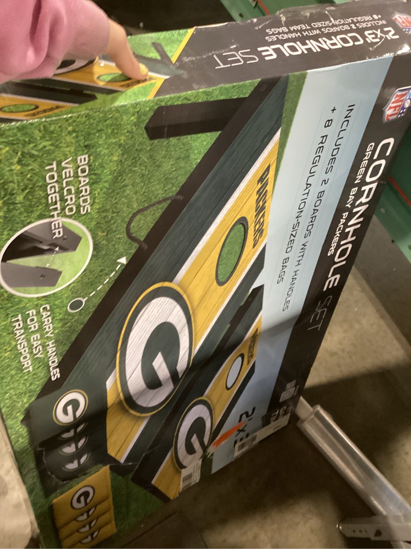 Condition photo showing As Is for green bay packers  2x3 mdf cornhole game set