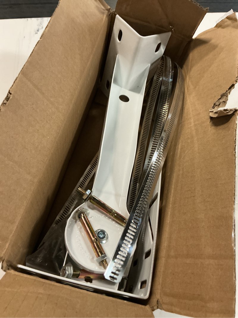 Condition photo showing As Is for l-shape dome camera bracket, wall ceiling mount for security dome cameras, wall mount,corner (vertical pole bracket+hoop 7.8 in ) l-bracket + vertical pole bracket