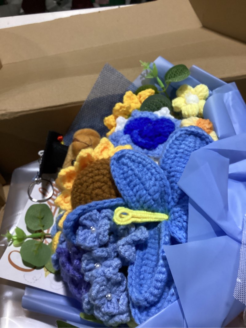 Condition photo showing As Is for crochet flowers bouquet, crochet sunflower rose bouquet for graduation, mother's day, father's day, anniversary, birthday, gifts for mom, dad, friends, teachers (a: blue)