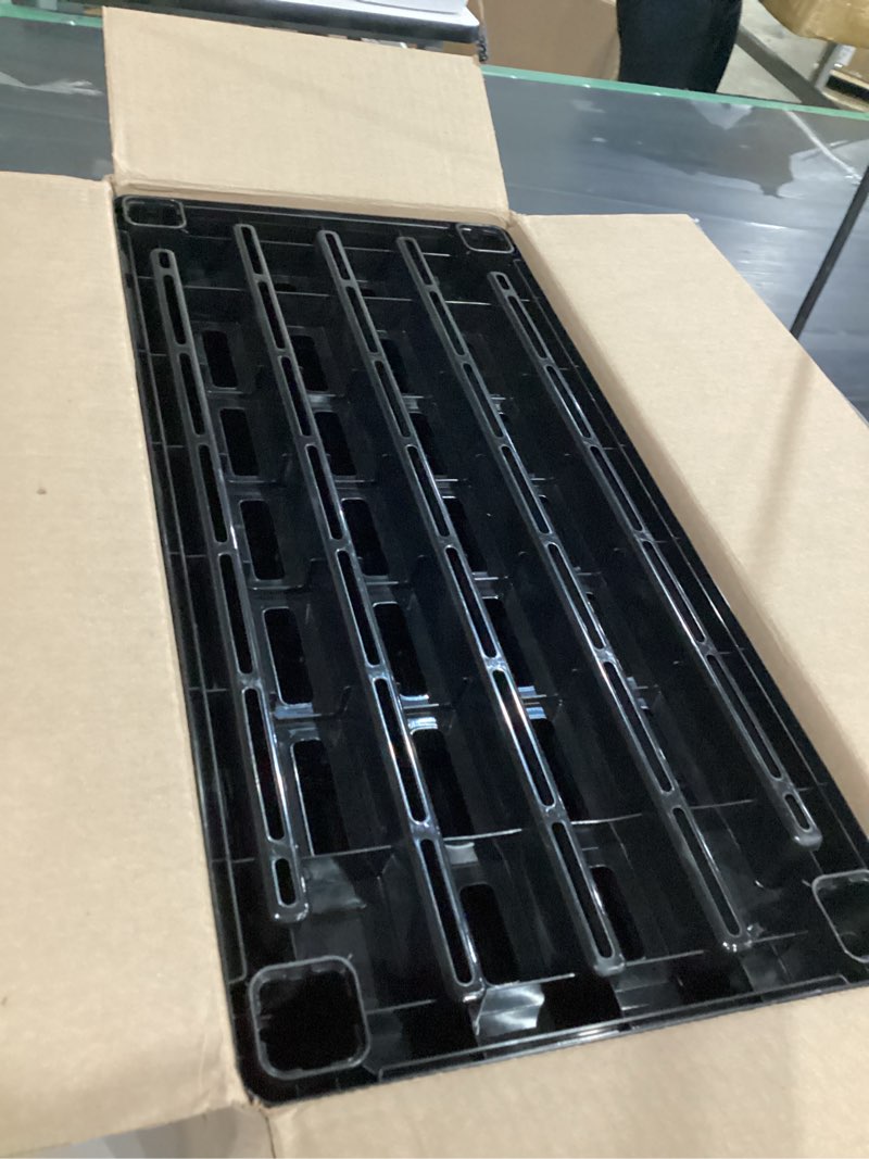 Condition photo showing As Is for centrex cx 4-tier heavy duty plastic storage shelves that support up to 150lbs/shelf, organization and storage, weather-resistant design, easy assembly, black (53”h x 36”w x 18”d) missing pieces