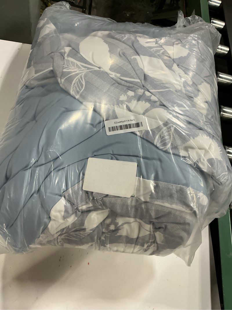 Condition photo showing As Is for Queen Comforter Set -7 Pieces Blue Floral Comforter Set for All Seasons, Bed in a Bag Queen with Botanical Flowers Comforter, Sheets, Pillowcases & Shams Dusk Blue Queen