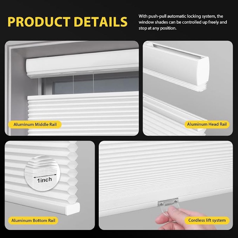 Condition photo showing As Is for top down bottom up cordless cellular shades, 22×48 in, white | light filtering fabric, energy-efficient honeycomb design, insulation, uv protection