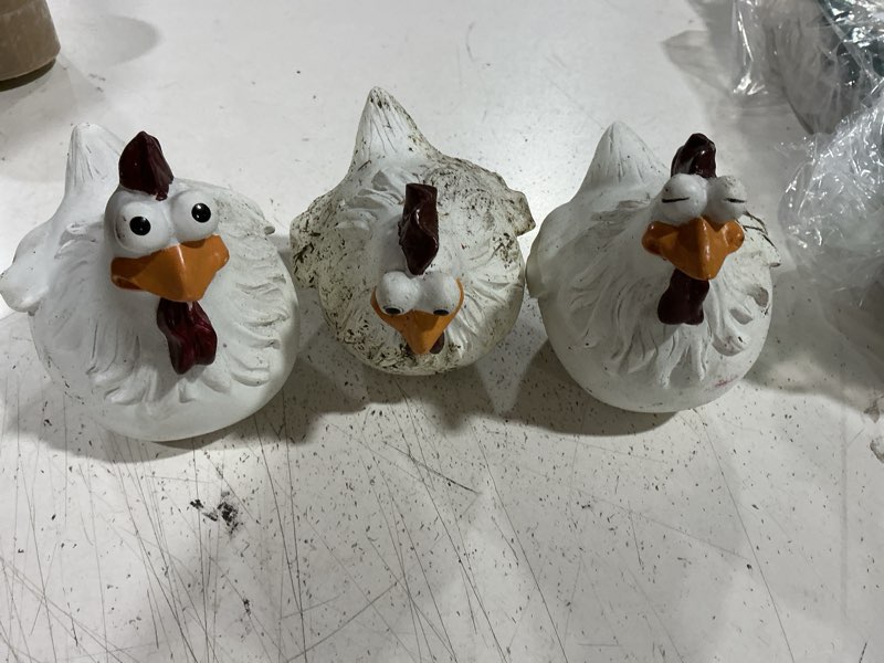 Condition photo showing As Is for coolboy chicken fence decoration funny farm sculpture chicken decorations for home garden stairs,farm,patio,backyard,resin craft chicken wiht garden figurine statue,3 chickens a set
