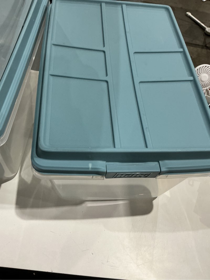 Condition photo showing Good Condition for hefty hi-rise storage bin with lid, 72 quart, smoke blue, 6 pack | stackable plastic container tote for home, office, and classroom organization