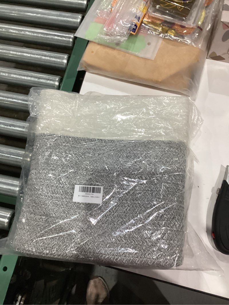 Condition photo showing New/Like New for Small Woven Storage Basket, Medium Storage Basket, Mini Cotton Rope Basket, for Shelves, Nursery, Office, Bathroom, and More - Perfect for Organizing & Deco(White&Grey, 12x8x5 ”) White&Grey 12x8x5 ”