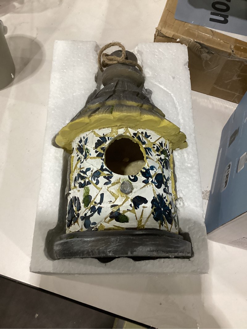 Condition photo showing Good Condition for OUSHUAI Bird House for Outdoor with Pole Garden Decor Hanging Birdhouses Weatherproof BirdNest for Outside Bluebird, Finch, Wren, Chickadee, Wild Birds Big Size Resin White Bule