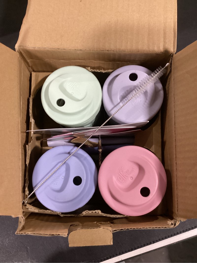 Condition photo showing As Is for Elk and Friends Kids + Toddler Glass Cups | The Original 8oz Glass Mason Jar with Sleeves + Lids | Silicone Straws + Stopper | Smoothie Cup | Food Storage | Spill Resistant | Dishwasher Safe | 4 Pack Sage/Blush/Lilac/MistyBlue 4 Pack