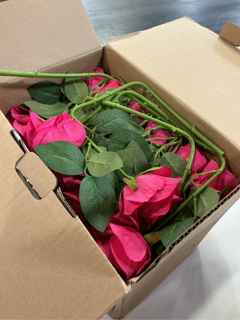 Condition photo showing As Is for lvefit artificial rose flower artificial flowers flower with long stem silk roses bouquet for wedding bridal shower party home decoration (hot pink, 50 pcs) hot pink 50 pcs