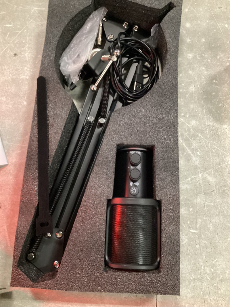 Condition photo showing As Is for gaming usb microphone, noise cancellation condenser mic with mute,boom arm mic-reverb adjustment, monitoring for streaming, podcasting, discord, youtube,pc, computer, ps4, ps5, mac
