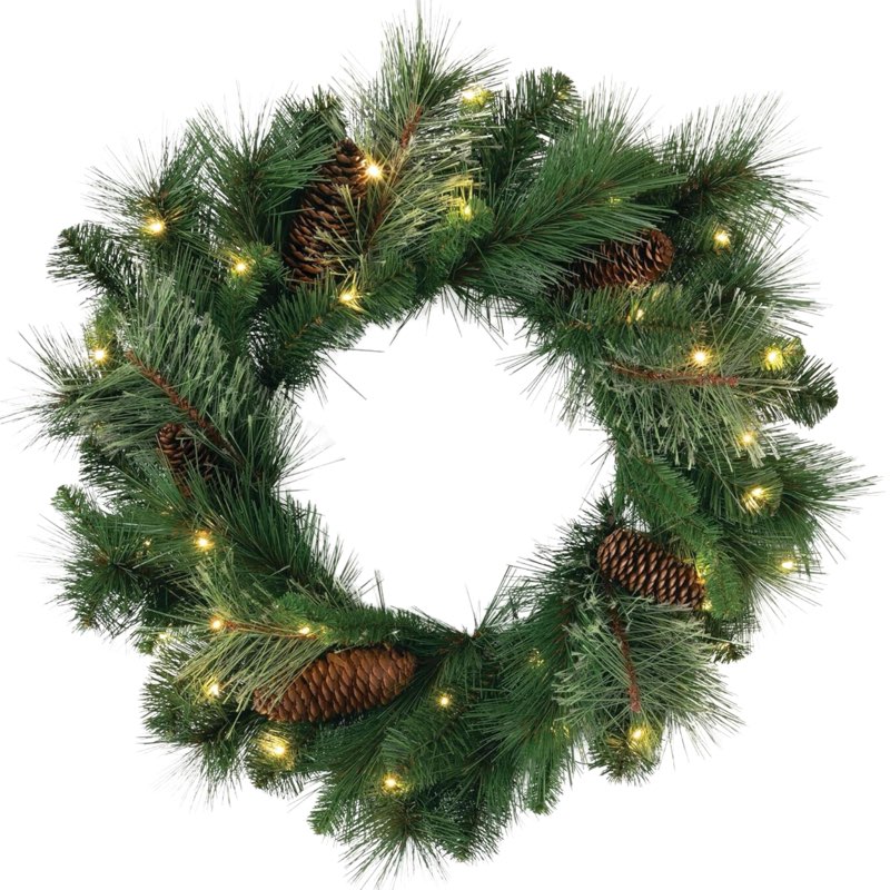 OHKIDS Christmas Wreath for Front Door, Pre-lit 24 Inch Outdoor Wreath with Timer, Hanger, Pine Cone