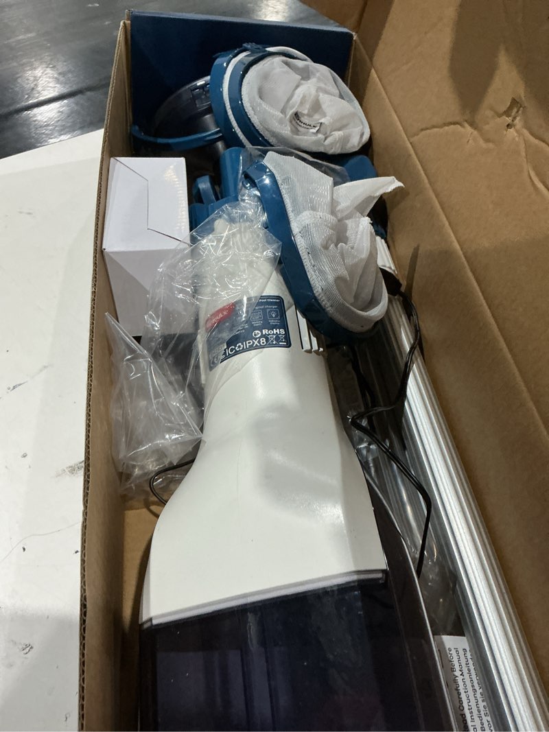 Condition photo showing As Is for pool vacuum for above ground pool with a telescopic pole, running time up to 1h, handheld rechargeable pool cleaner with powerful suction up to 18.5 gallons/min, ideal for leaves & debris, pc10 pc10 blue