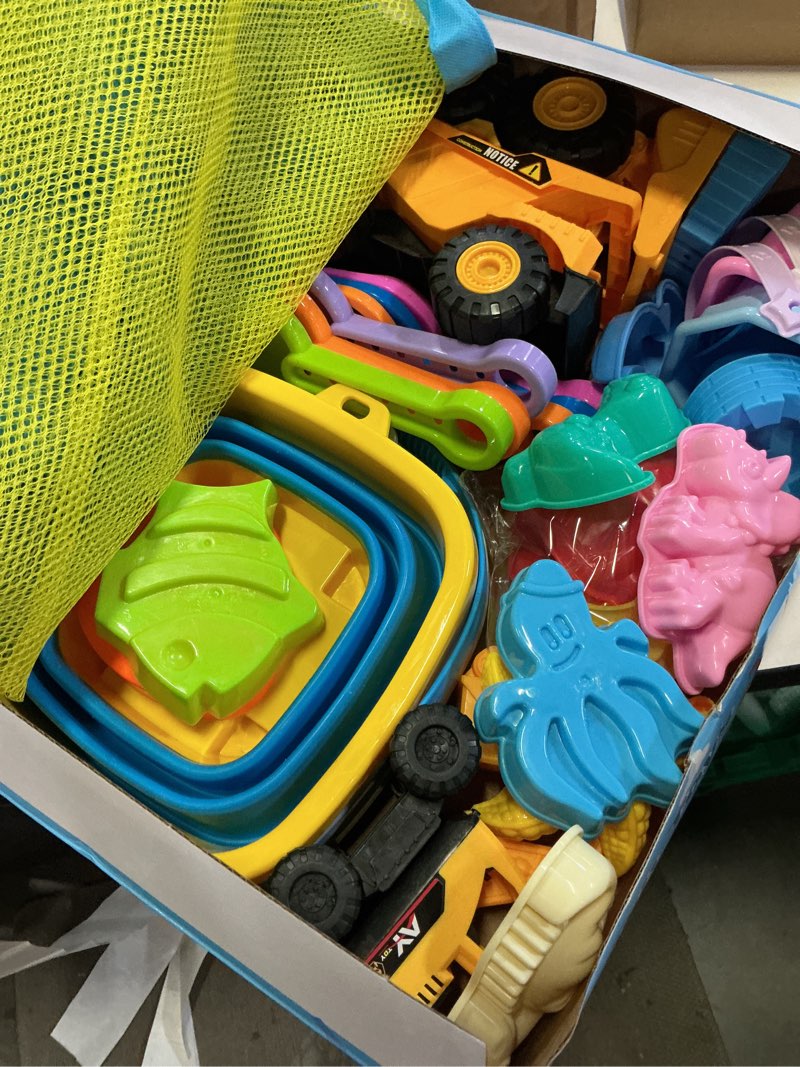 Condition photo showing New/Like New for fhozgecy beach toys, sand toys for kids boys and girls with 3 construction vehicles, 3 collapsible bucket, sand castle building kit, sand molds, mesh bag, outdoor toys for kids ages 4-8