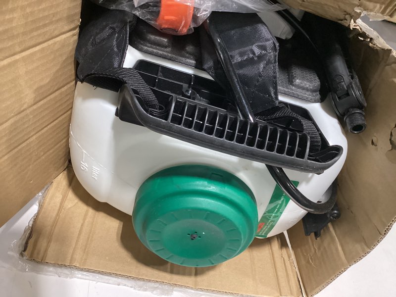 Condition photo showing As Is for kimo 4.3 gallon backpack sprayer battery powered, 2pcs 20v 2.0ah battery & fast charger, 6 nozzles, 31" telescopic wand, no pump needed, 0-73 psi battery backpack sprayer for weed, lawn, yard,cleaning 16l/4.3gal