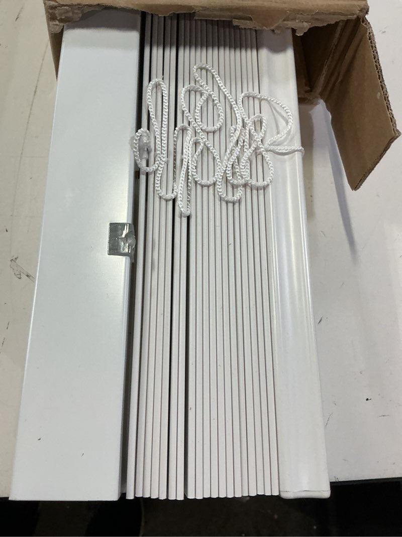 Condition photo showing As Is for lazblinds 2-inch cordless faux wood blinds with royal valance, room darkening horizontal window blinds, inside mount blinds for windows - fit for window 22.625" w x 36" h - white white 22 5/8"w x 36"h