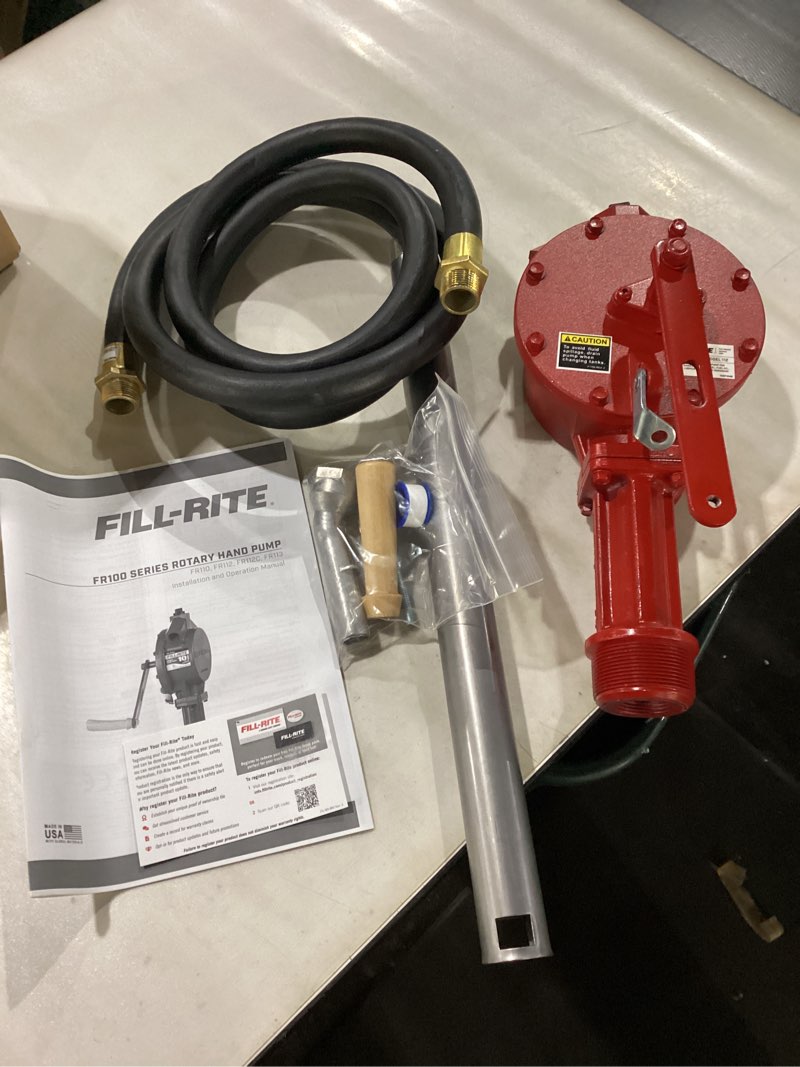 Condition photo showing New/Like New for Fill-Rite FR112 Fuel Transfer Rotary Hand Pump with Suction Pipe and Discharge Hose for Agriculture, Construction, or Automotive, Red Rotary Pump w/Accessories
