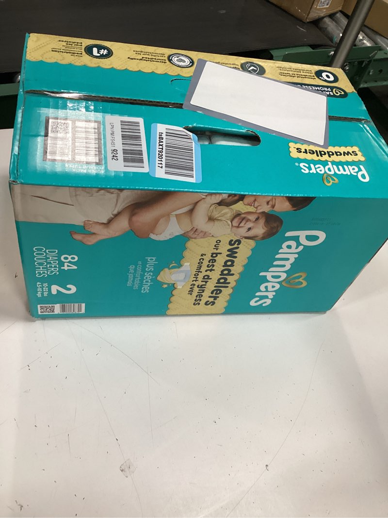Condition photo showing New/Like New for pampers swaddlers diapers, size 2 (10-22 lbs), 84 count, absorbent, keeps baby dry and comfortable, skin safe disposable baby diaper (packaging may vary) size 2 84