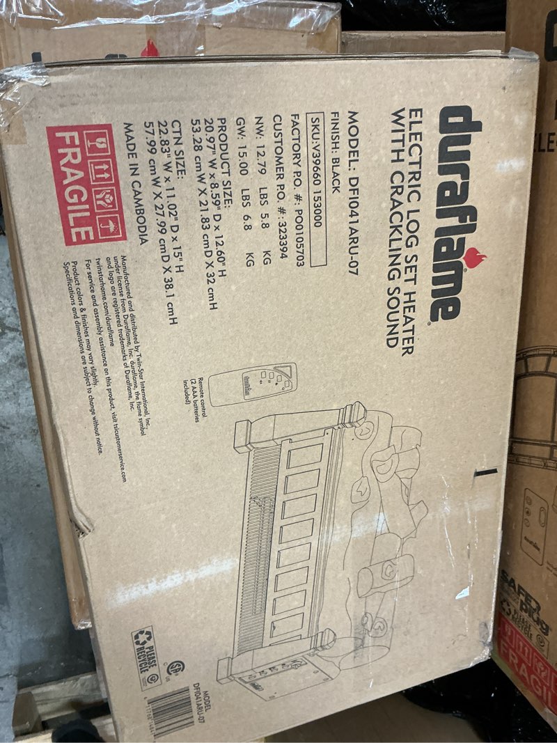 Condition photo showing As Is for duraflame® electric log set 1,000 sq ft infrared heater, faux logs insert with led flames for existing fireplaces, crackling sounds, remote control included
