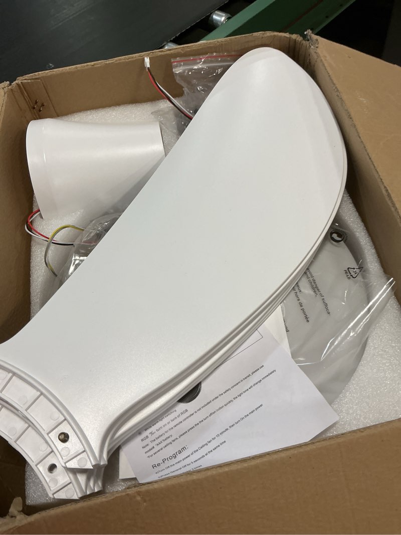 Condition photo showing As Is for phorus rgb ceiling fans with lights and remote/app,48" white low profile ceiling fans with quiet reversible dc motor, modern flush mount fans light with 3 colors 6 speeds 48 inch white rgb