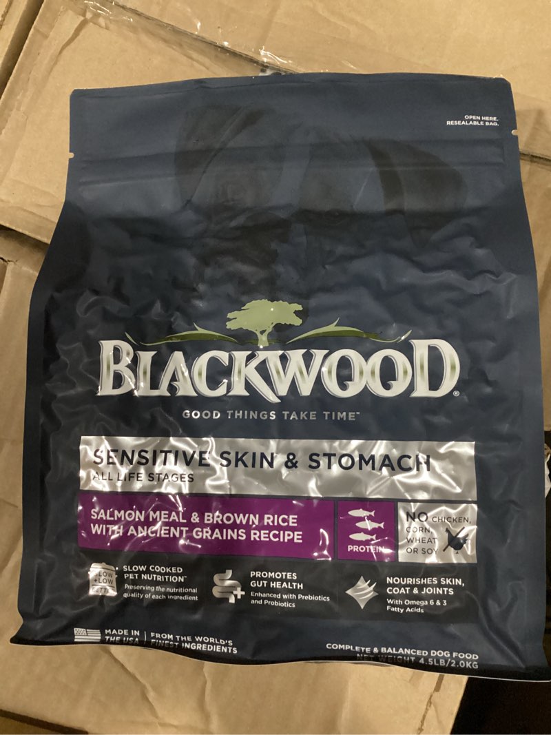 Condition photo showing New/Like New for (Best by 16/Jun/2026j Sensitive Skin & Stomach Dry Dog Food, Salmon Meal & Brown Rice with Ancient Grains, 4.5 Pound Bag with Prebiotics & Probiotics to Promote Gut Health Salmon Meal & Brown Rice with Ancient Grains 4.5 Pound (Pack of 1)