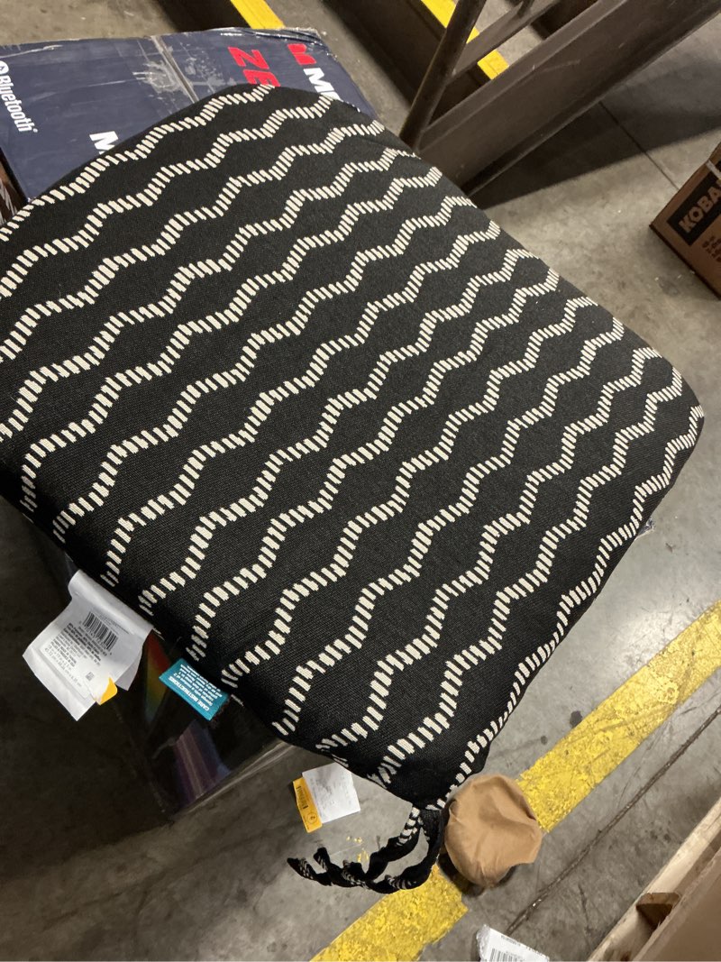 Condition photo showing As Is for origin 21 18-in x 19-in black helix jacquard patio chair cushion