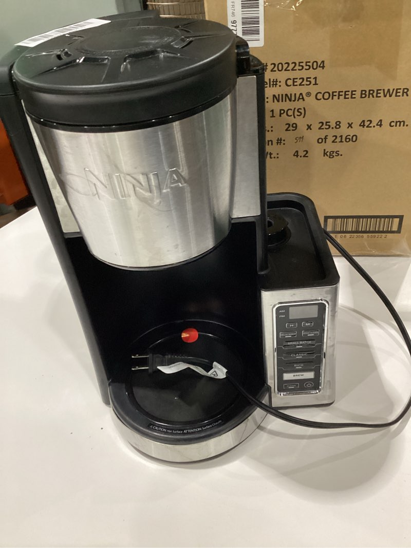 Condition photo showing As Is for ninja 12-cup programmable coffee brewer, 2 brew styles, adjustable warm plate, 60oz water reservoir, delay brew - black/stainless steel stainless steel, 14-cup, incomplete, not tested