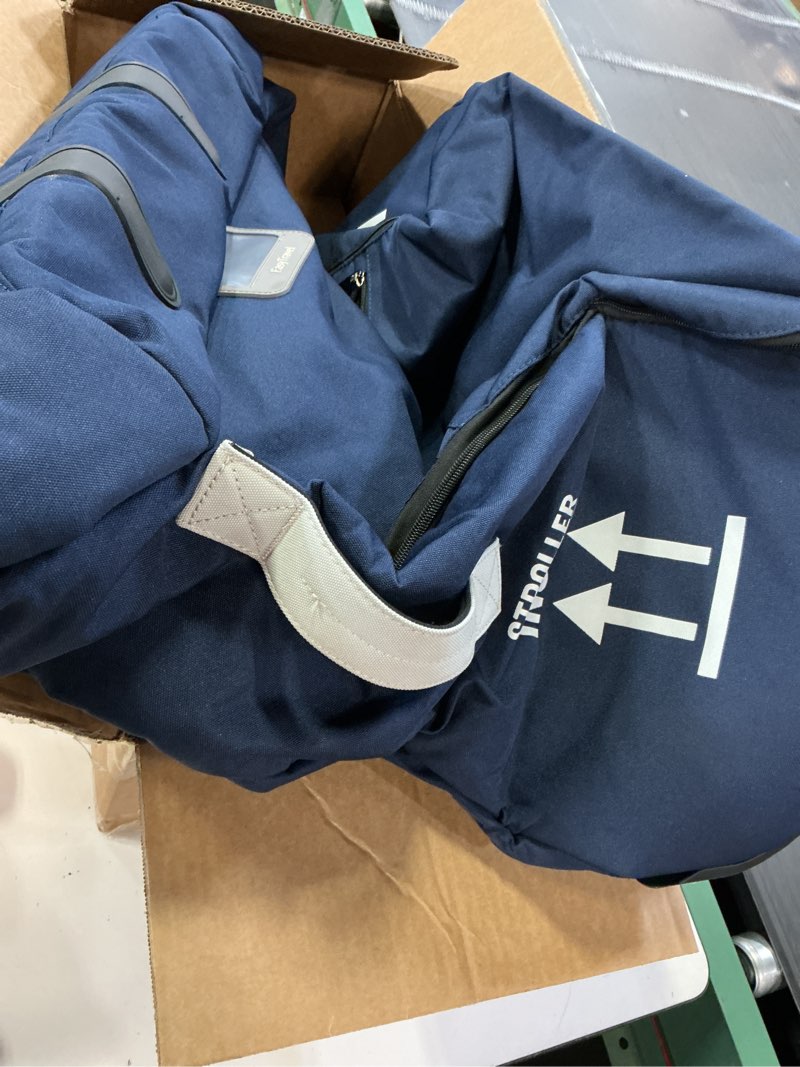 Condition photo showing Good Condition for stroller bag for airplane, stroller travel bag compatible with uppababy vista v1 v2 v3, cruz v1 v2 v3, rolling wheel bag with storage pocket, multiple handles,luggage tag for flight travel,navy