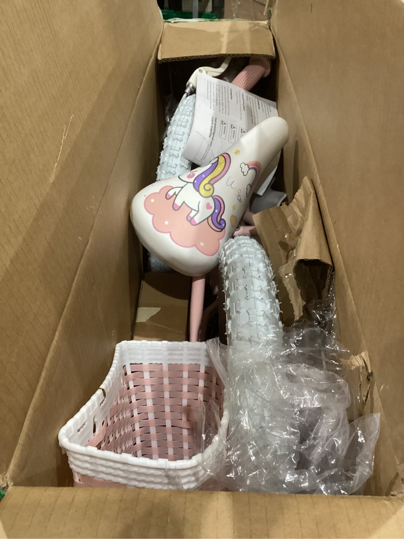 Condition photo showing As Is for simalir to not exact aceger princess style girls bike with basket for 3-14 years old kids and toddlers, 14 16 18 inch bicycle for children with training wheels and streamers, 20 inch with kickstand, multiple colors pink 14 inch with training wheels