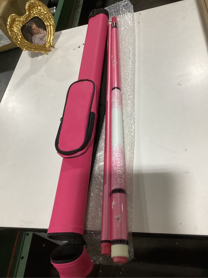 Condition photo showing Good Condition for Pink Pool Cue 19oz - 58 inch Canadian Maple Wood 13mm Leather Tip, Floral Design Metallic Paint Lacquer, 3/8×8 Joint with Case, Chalks, Gloves, Protectors? MQ19-PINK