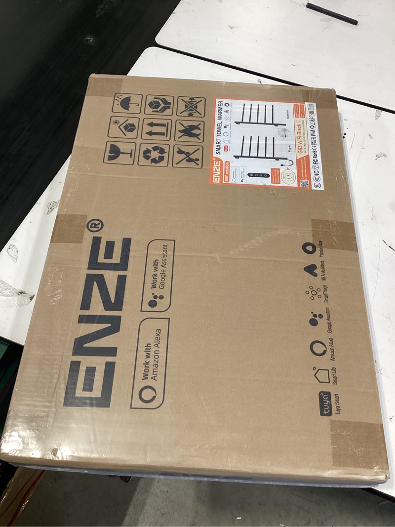 Condition photo showing New/Like New for enze smart rotating heated towel rack for bathroom, 4-bar wall-mounted electric towel warmer with swivel shelf, wi-fi app control, 24h timer, stainless steel, ipx5, hardwired/plug-in, gray gray 17.72"x26.77"