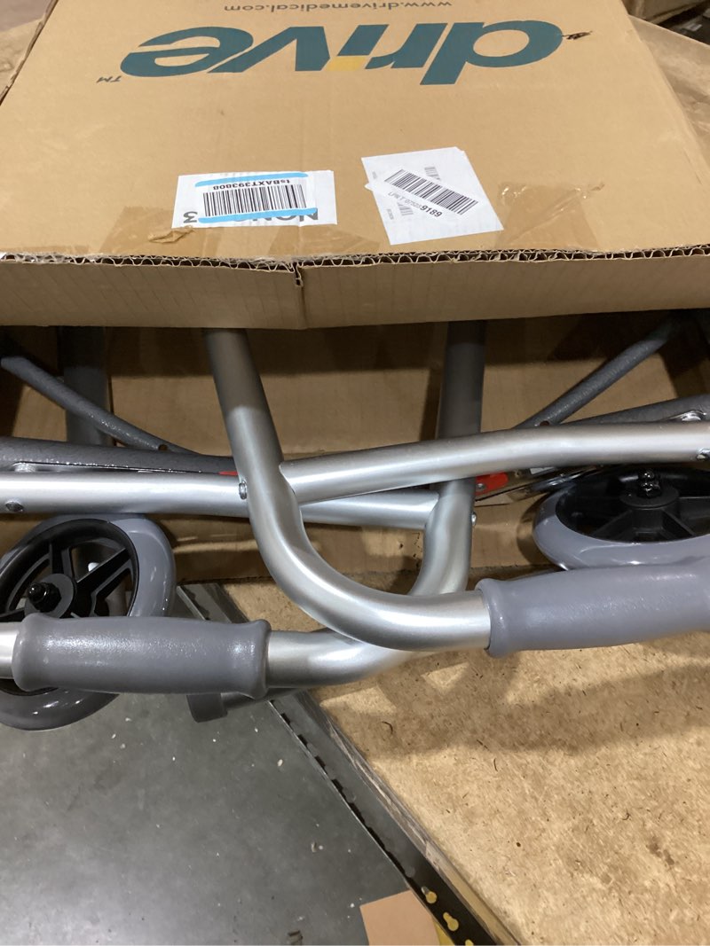 Condition photo showing New/Like New for drive medical two-button folding walker with wheels - lightweight rolling mobility support - adjustable height - dual push-button operation - 5 inch front wheels - durable aluminum - silver 2-button walker