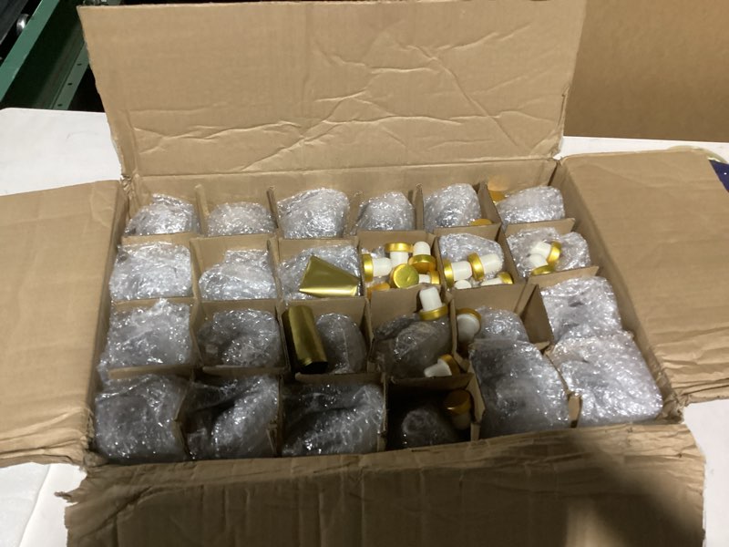 Condition photo showing As Is for Dandat 24 Pack 6 oz Clear Glass Liquor Bottles With Cork lids Bulk Homebrewing Empty Bottles for Whiskey, Wine, Drinks Oil Vinegar, Vodka, Limoncello, Beverages, Liqueurs, and Alcohol (Gold) Gold 24