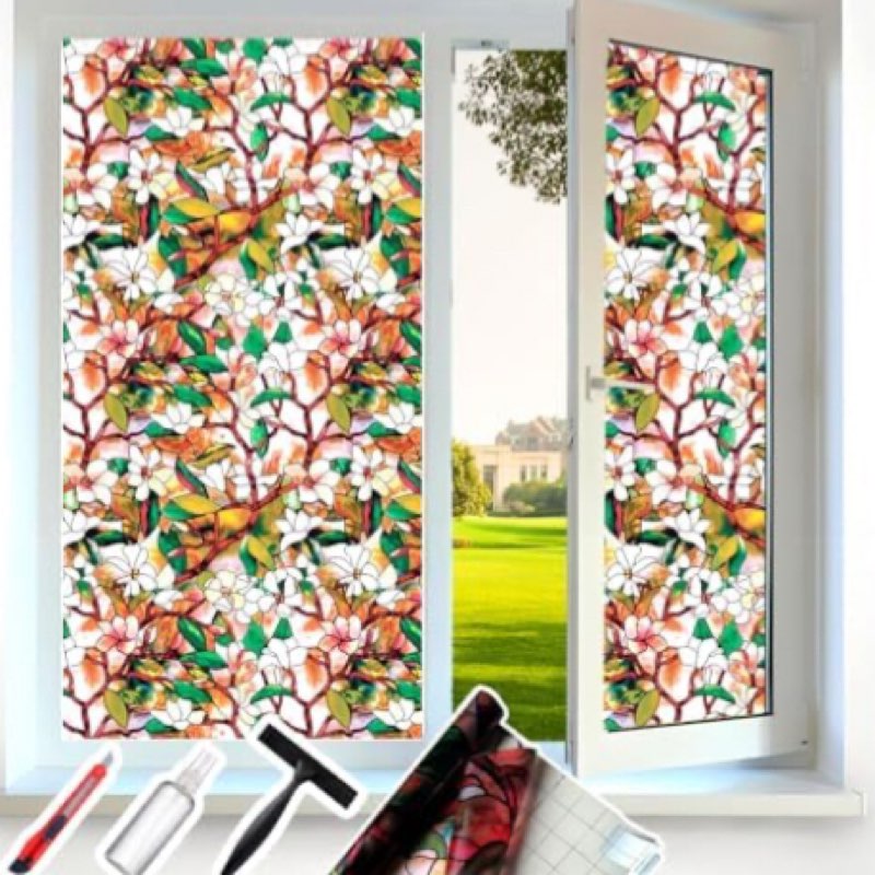 (2 Pack) Stained Glass Window Privacy Film Decorative with Free Tools, Magnolia Privacy Window Film for Glass