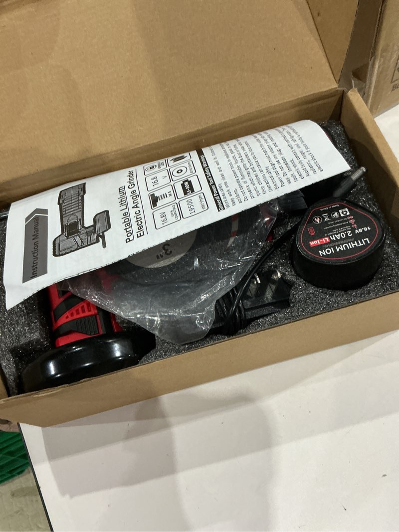 Condition photo showing Good Condition for cordless angle grinder, 3 inch mini angle grinder tool with 2pcs 16.8v 2000mah batteries and 5 grinding wheel,19500rpm metal grinders for cutting, grinding and polishing red