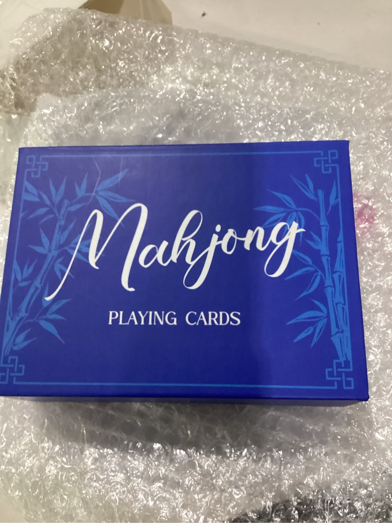 Condition photo showing As Is for soulchen 168 pcs mahjong playing cards american style blossom numbered large print pvc poker mahjong tiles with 4 dices 2 storage box for travel home, portable gift(floral,blue) blue floral