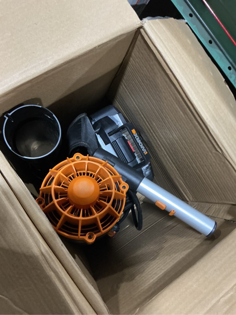 Condition photo showing As Is for worx nitro wg572 80v cordless leaf blower, backpack blower with 800cfm & 150mph, electric blower for lawn care with brushless motor & variable air control, 4 batteries & basecamp charger included 800cfm 80v blower w/(4)5.0 ah batteries
