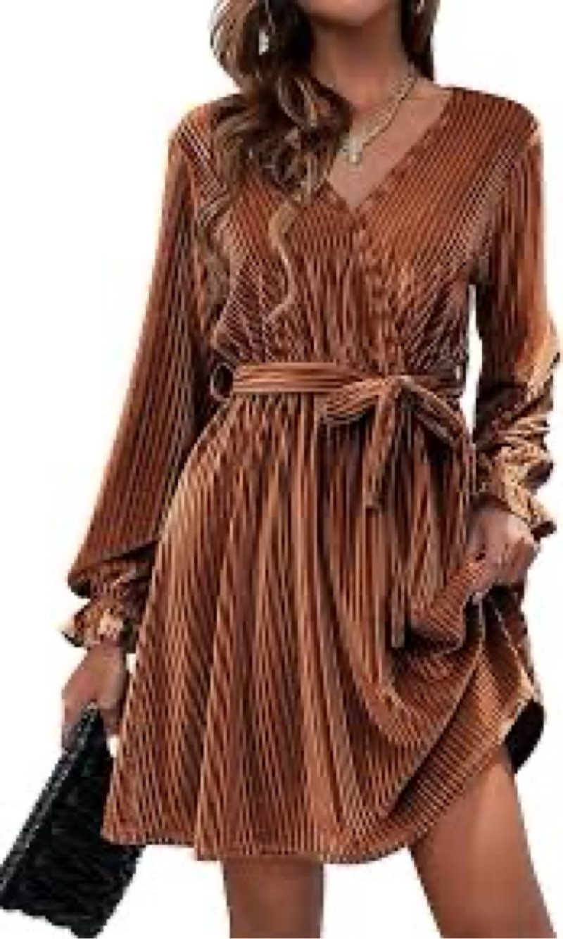 HOTOUCH Women's Caramel Velvet V-Neck Wrap Dress with Belt Tie, Above the Knee, Medium