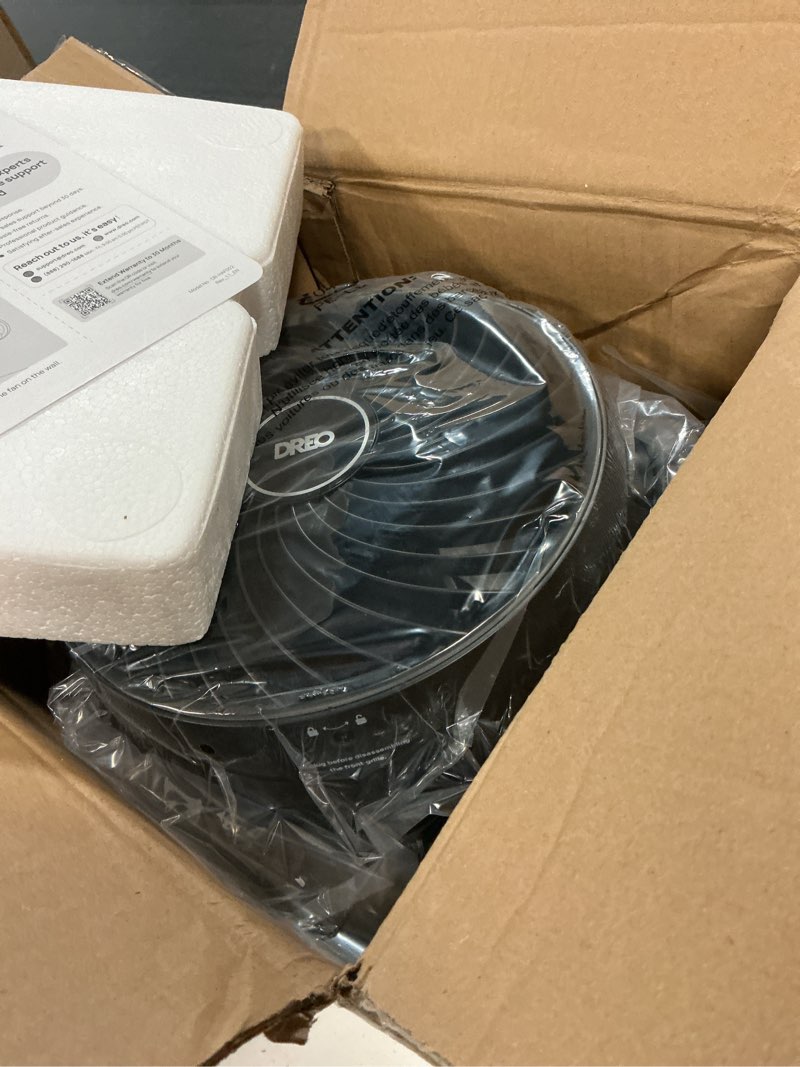 Condition photo showing Good Condition for dreo fan for bedroom, 12 inches, 70ft powerful airflow, 25db quiet table air circulator fans for whole room, 120° adjustable tilt, 3 speeds, desktop fan for home, office, kitchen black