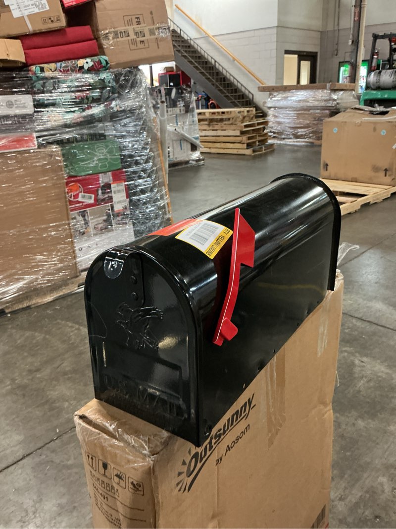 Condition photo showing New/Like New for elite black, medium, steel, post mount mailbox