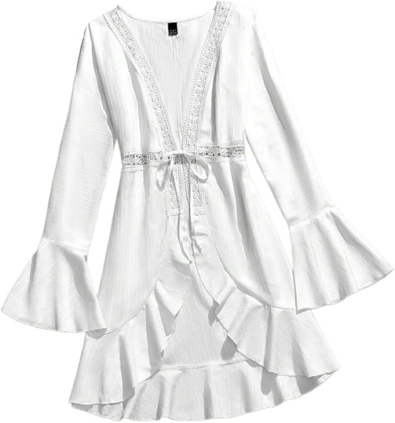 similar products Women's Beach Cover up Swimsuit Kimono White Lace Trim Colorblock Waist Kimono Cover Up, Beachwear size L 