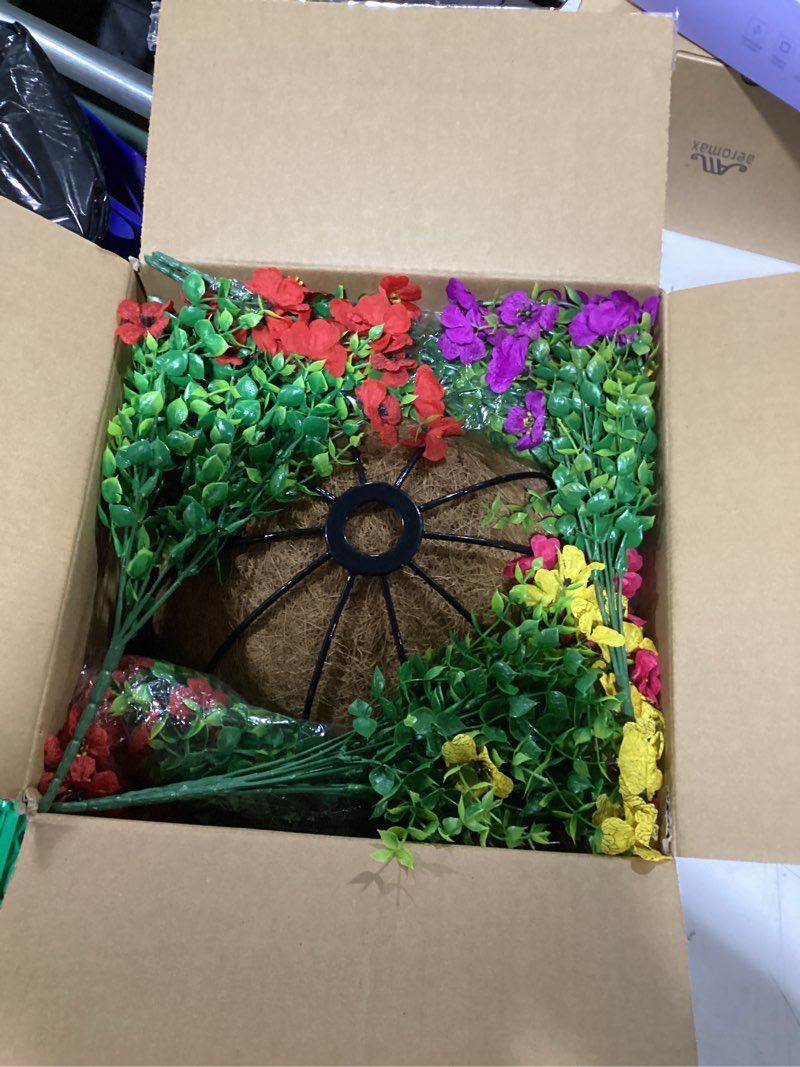 Condition photo showing Good Condition for hyeflora artificial faux hanging plants flowers basket for summer outdoor outside decoration, fake silk uv sun resistant look real colorful daisy eucalyptus for porch home patio balcony yard mix