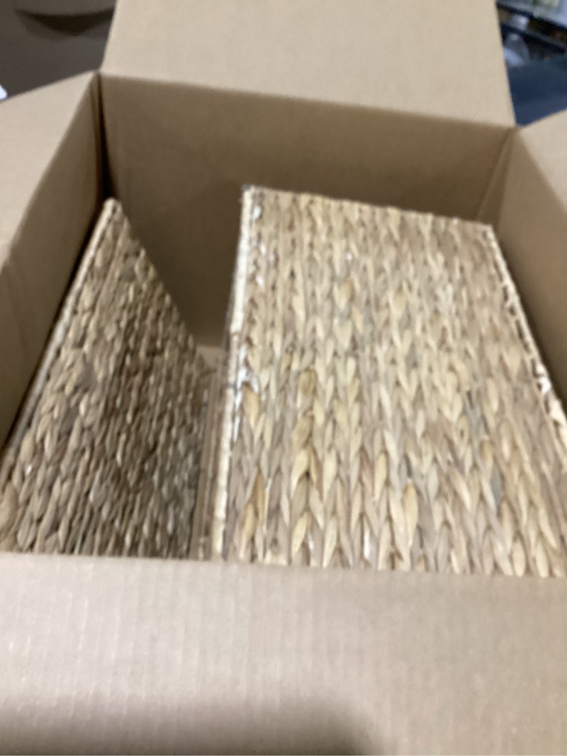 Condition photo showing Good Condition for storageworks wicker basket with scalloped edge lid, water hyacinth basket with built-in handles, handwoven wicker box for living room, 15" l x 11 ¼" w x 7" h natural(water hyacinth) 15" l x 11 ¼" w x 7" h