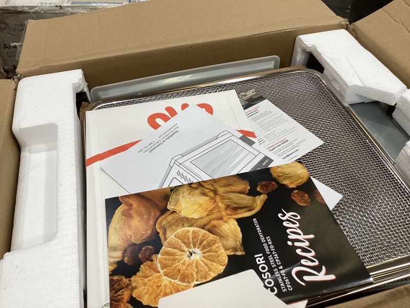 Condition photo showing As Is for cosori food dehydrator, bigger than 7 trays with large 6.5" drying space, 600w power saves more time than 480w, 165°f dehydrated dryer for jerky, herbs, meat, fruit, and yogurt, silver,stainless steel silver 6 trays dehydrator