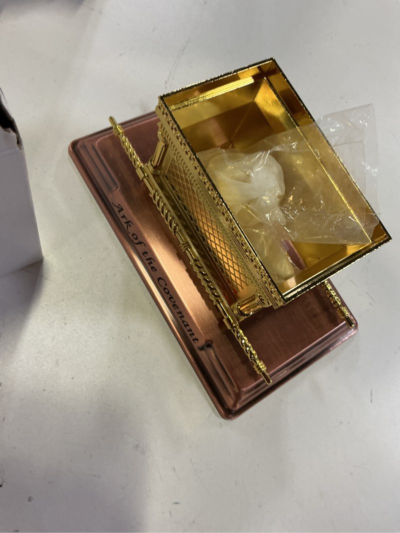 Condition photo showing Good Condition for ark of the covenant model replica - biblical tabernacle with aaron's rod, manna & stone tablets for collectors, religious decor, bible study?middle size? golden with a base middle size