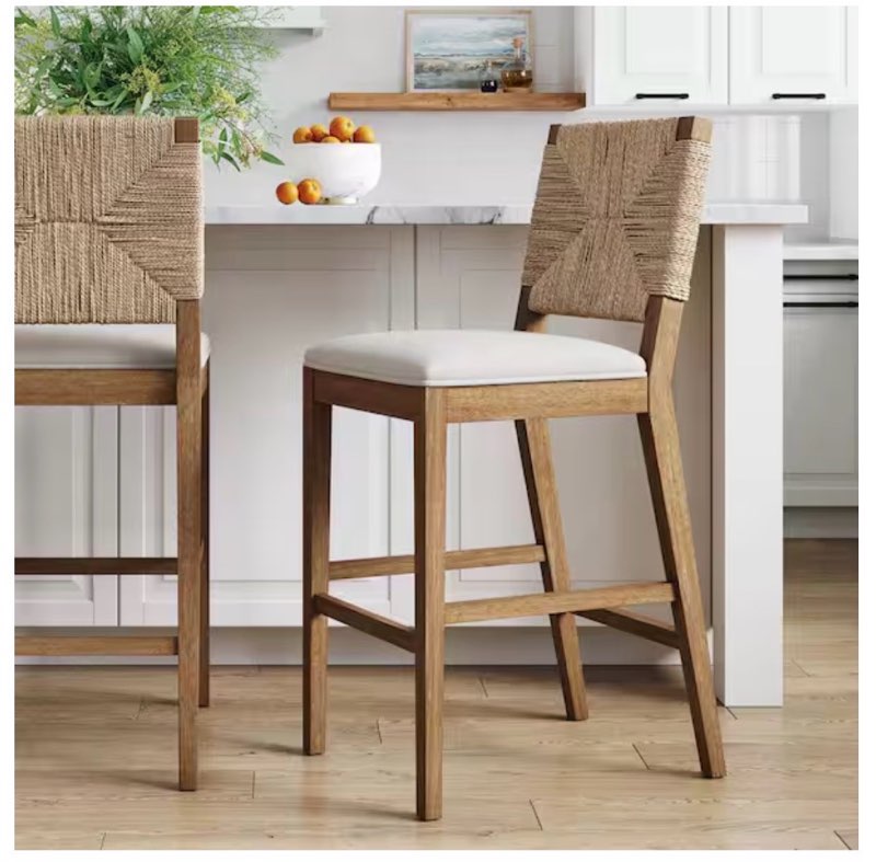 Beacon . Bohemian Boucle Upholstered Wood Bar Height Bar Stool