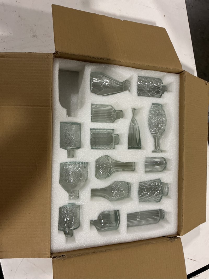 Condition photo showing As Is for incomplete glass bud vase set of 32pcs wedding centerpieces for tables,mini clear bud vases for flowers,small flower vases suitable for birthday party,anniversary,wedding,baby shower (clear, 32pcs) clear 32pcs